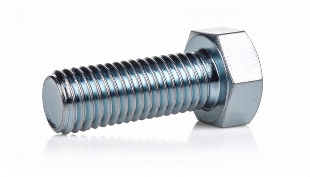A single industrial hex head bolt with coarse mechanical threads and a shiny zinc coating, isolated on a white background
