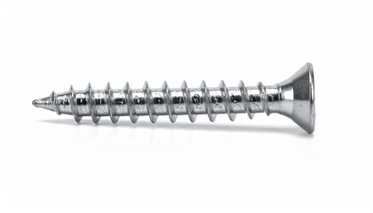 Close-up of a single galvanized steel self-tapping screw with a countersunk flat head and six-point star drive, isolated on a white background