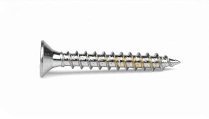 A single shiny metal wood screw with a countersunk flat head, featuring a threaded shank and sharp point, isolated on a clean white background