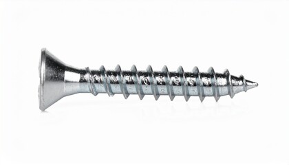 A single shiny metal wood screw with a countersunk head and coarse threading, isolated on a stark white background for carpentry concepts