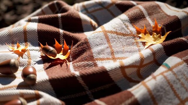 Autumn leaves and acorns on a cozy plaid blanket in gentle sunlight