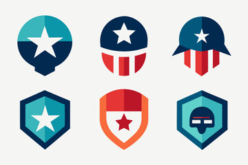 Set of 6–10 vector badges (stars, stripes, helmets, medals)