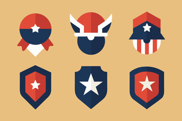 Set of 6–10 vector badges (stars, stripes, helmets, medals)