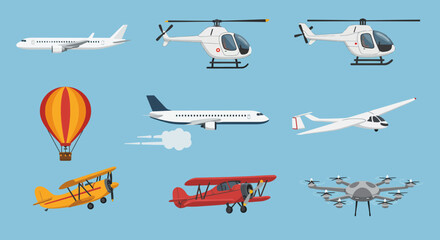 Assortment of nine stylized aircraft illustrations against a blue background