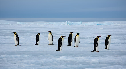Group of Emperor Penguins Standing on Icy Snow in Antarctic Environment