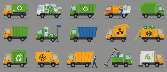 Collection of 15 flatdesign vector trucks for waste and recycling