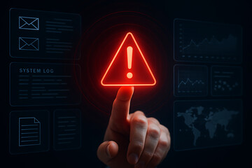 "Cybersecurity system alert with digital warning interface, online risk prevention, technology danger caution and data protection monitoring"