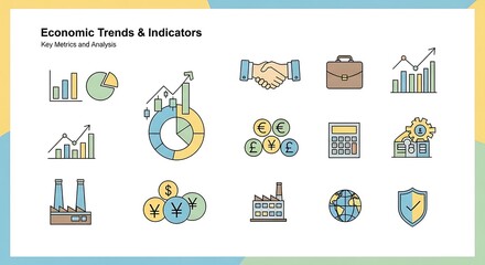 Economic Trend Icons Set of Business Financial Charts Handshake and Globe Illustration