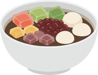 A white bowl of Japanese anmitsu dessert with red bean paste, mochi, and colorful jelly cubes.