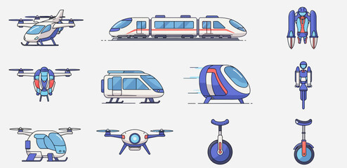 Collection of futuristic and modern transport icons drones trains jetpacks and unicycles © Faisal