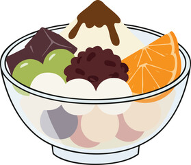 Anmitsu dessert in a glass bowl with various toppings.