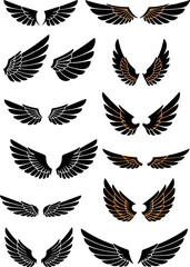 Obraz premium Collection of various stylized wing illustrations in black and gold colors.
