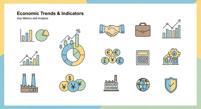 Economic Trend Icons Set of Business Financial Charts Handshake and Globe Illustration