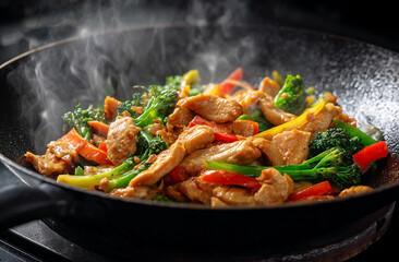 Stir-fried chicken with vegetables in a wok