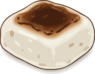A close-up illustration of a single, square-shaped mochi or rice cake, lightly toasted with a golden-brown top, on a white background.