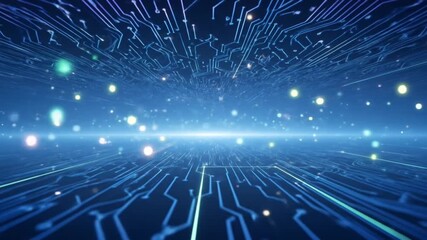 Dynamic blue digital circuit board pathways creating a futuristic data stream in abstract technological universe, perfect for tech innovation concepts.