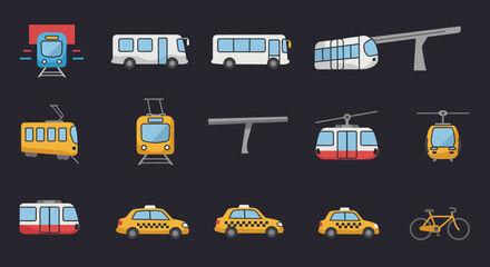 Collection of public and private transit vehicle icons on a dark background