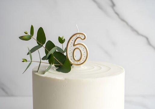 Minimalist white birthday cake decorated with fresh eucalyptus leaves and a golden, polka-dotted "6" candle, perfect for a 6th birthday.