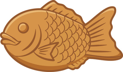 A cartoon illustration of a golden-brown Japanese taiyaki pastry, shaped like a fish with scales and fins, smiling.