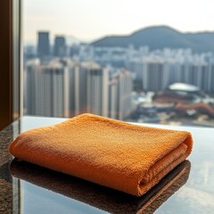 Folded orange towel on a table with a city view
