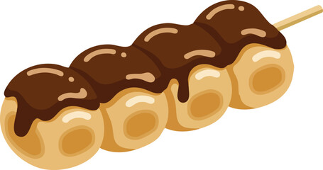 Illustration of a Japanese dango dessert, consisting of mochi balls with chocolate sauce on a skewer.