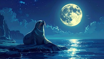 A seal gazes at a luminous moonlit night
