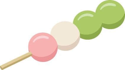 Colorful dango skewer with pink, white, and green mochi balls.