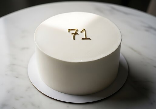 Minimalist White Cake Decorated with Gold Number 71 Sprinkles for 71st Birthday or Anniversary Celebration