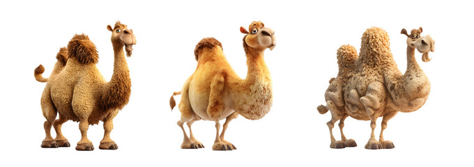 Naklejka premium Collection of three adorable cartoon camel characters on a white background.