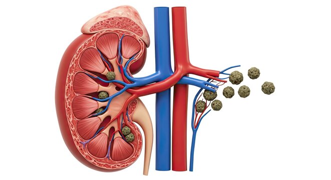 Detailed anatomical illustration of a kidney section with kidney stones showing organ health