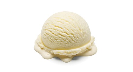 Single scoop of vanilla ice cream, melting on a white surface