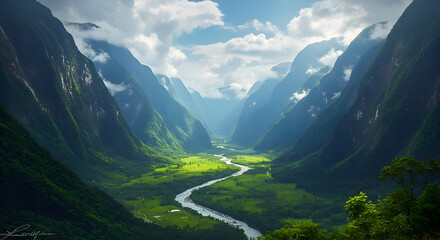 Lush Green Valley with River Running Through Mountainous Landscape Under Cloudy Sky