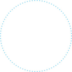 This is a minimalist graphic image featuring a large circle composed entirely of small, sky blue dots. These dots are evenly spaced and form a perfect circular outline against a plain.