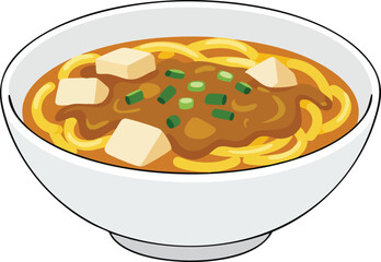 A white bowl of Japanese curry udon noodles with tofu and green onions, presented as a cartoon illustration.