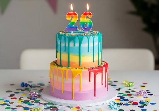 Vibrant Rainbow Drip Cake with Number 26 Candles and Colorful Confetti on White Table for 26th Birthday