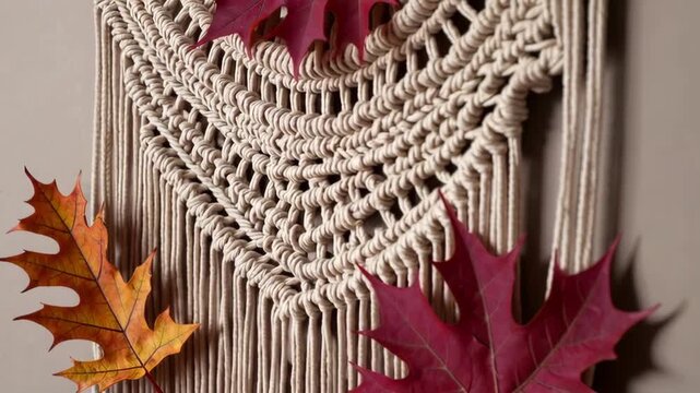 Elegant macrame wall hanging with autumn leaves accents in gentle breeze