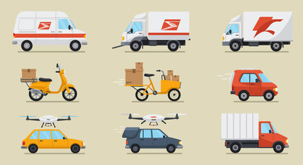 Nine modern delivery vehicles including vans trucks scooter cargo bike car and drone © Faisal