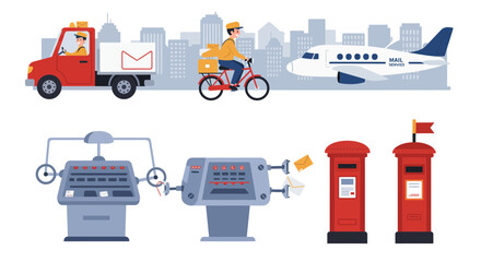 Postal service illustration showing transport sorting and collection mechanisms