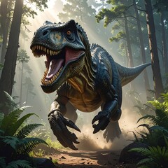 A T-Rex in a sunlit forest