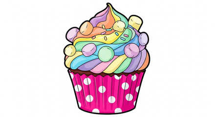 Colorful cupcake with rainbow frosting and marshmallow toppings, a sweet treat for celebrations