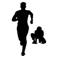 Silhouette of a Runner and a Person Crouching, Isolated on White