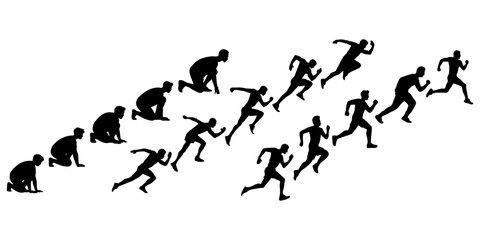 Sequence of sprinting runners silhouetted, from start to full speed