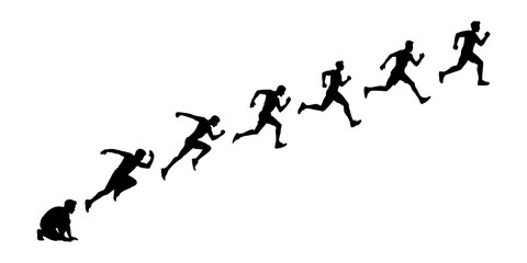 Sequence of sprinting runners silhouetted, from start to full speed
