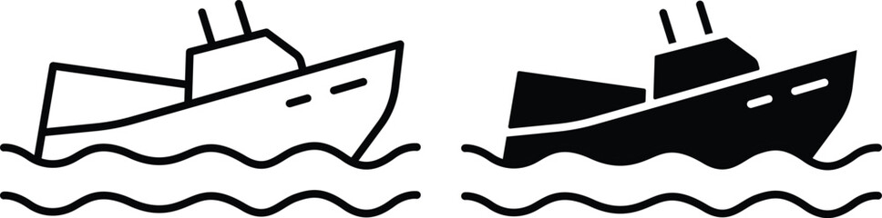 Boat Sailing Icon Depicting Ship Floating Safely On Ocean Waves and Vector Silhouette..eps