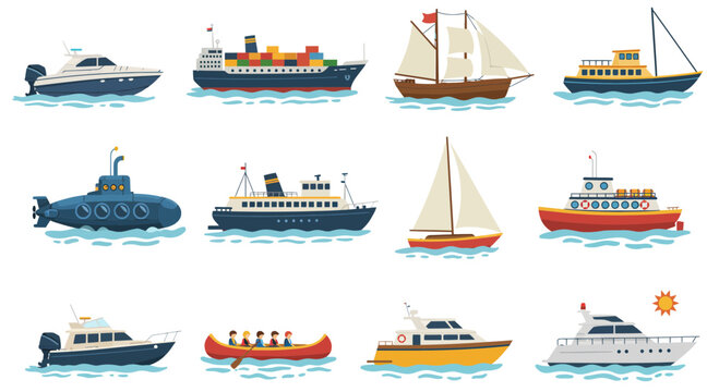 Twelve distinct illustrations of boats and ships floating on blue water