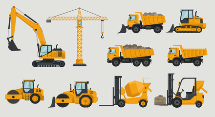 Yellow construction vehicles and a tower crane against a light gray background