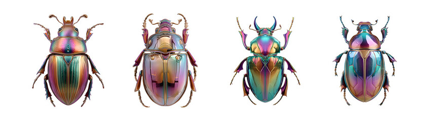 A vibrant collection of four iridescent jewel beetles.