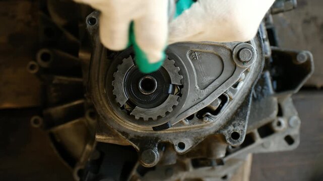 Professional car mechanic in gloves disassembling automobile gearbox with wrench, performing maintenance and repair work on engine part in auto service garage for vehicle diagnostics. Time lapse short