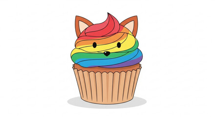 A delightful rainbow cupcake with adorable cat ears, a sweet treat that combines cuteness and colorful deliciousness
