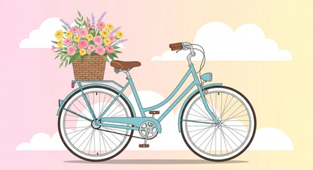 Vintage bicycle with basket full of flowers on pastel background, representing spring, summer, and leisurely rides in the countryside